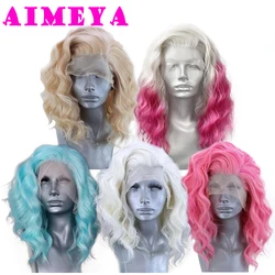 AIMEYA Synthetic Lace Front Wigs Short Bob Wig for Women Platinum Blonde Synthetic Lace Wig Blue Ombre Pink Short BOB Wig