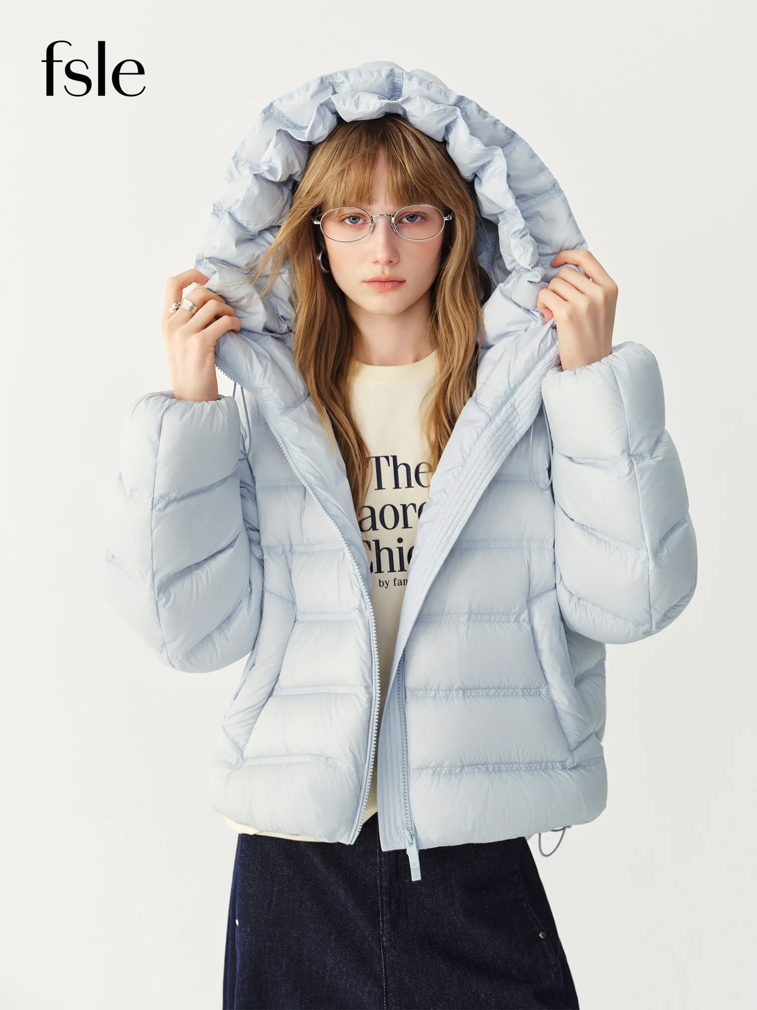 FSLE Blue Hooded Short White Duck Down Jacket Women with Tulip Collar Style 2026 Winter New Style Loose Cropped Solid Coats