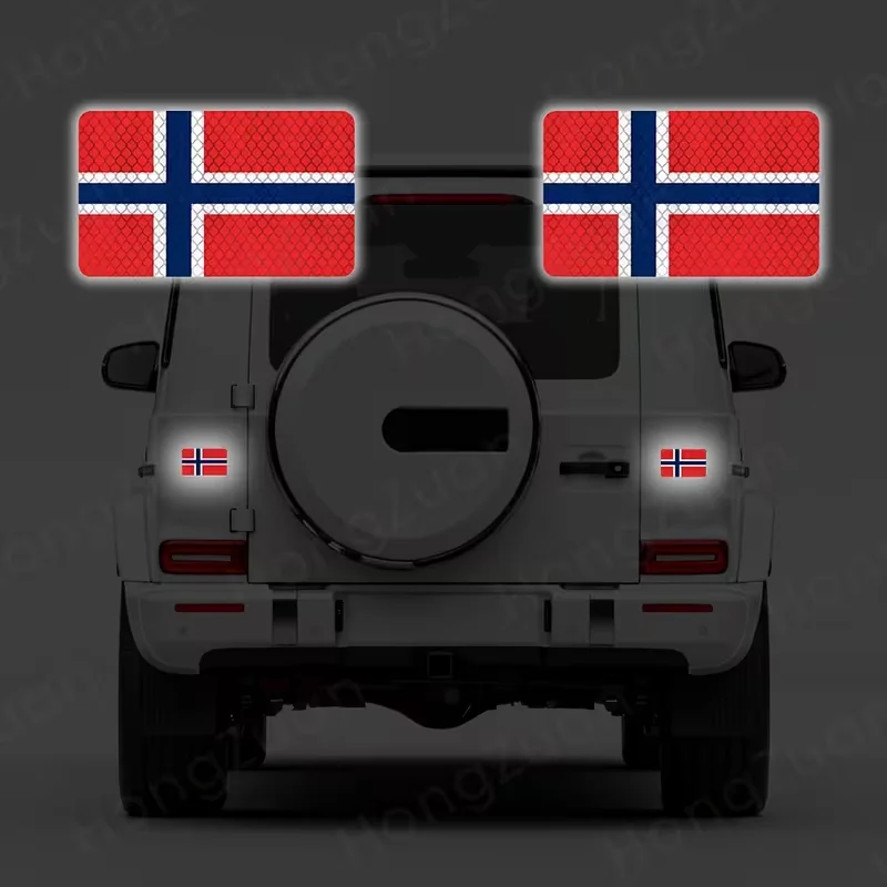 Norwegian flag reflective car sticker, suitable for cars, includes two pieces, for use on bumpers or windows, ideal for patriotic decoration on SUVs and trucks, featuring high-brightness and safety warning reflective material
