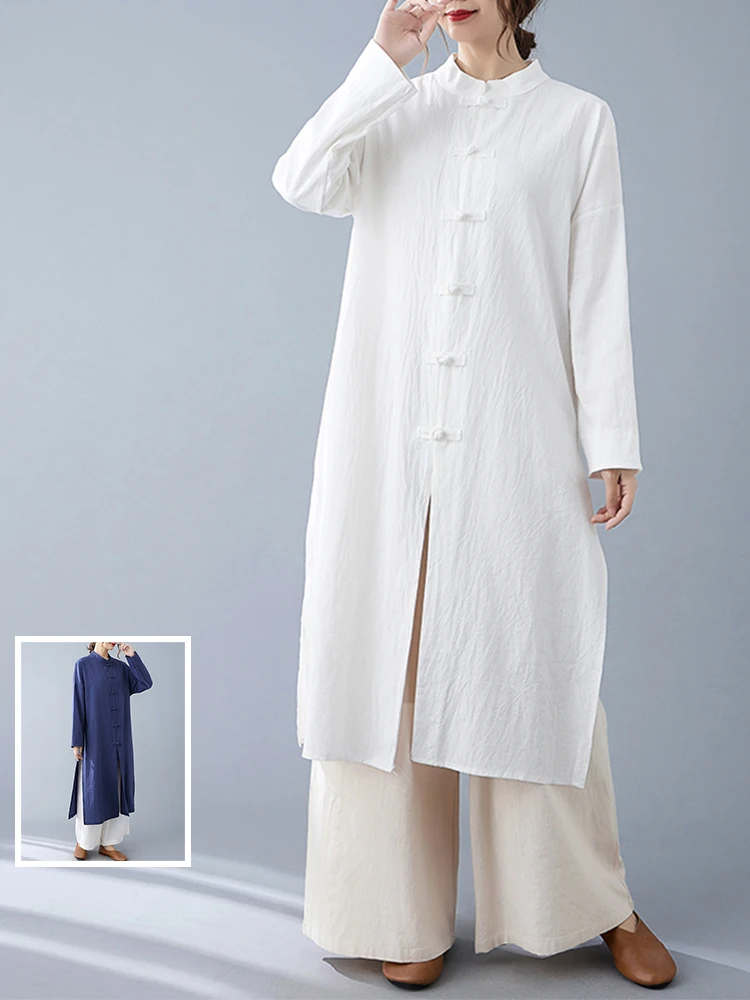 

Весна 2024, китайский женский повседневный топ с воротником-стойкой и длинным светом, большой размер, чайная одежда средней длины с открытой передней частью