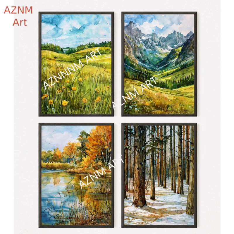 1/4 pièces l'euphorie-quatre saisons-empreintes aquarelle |   Imprimer des saisons |   Impressions d'art fin |   Décoration d'intérieur |   Art naturel