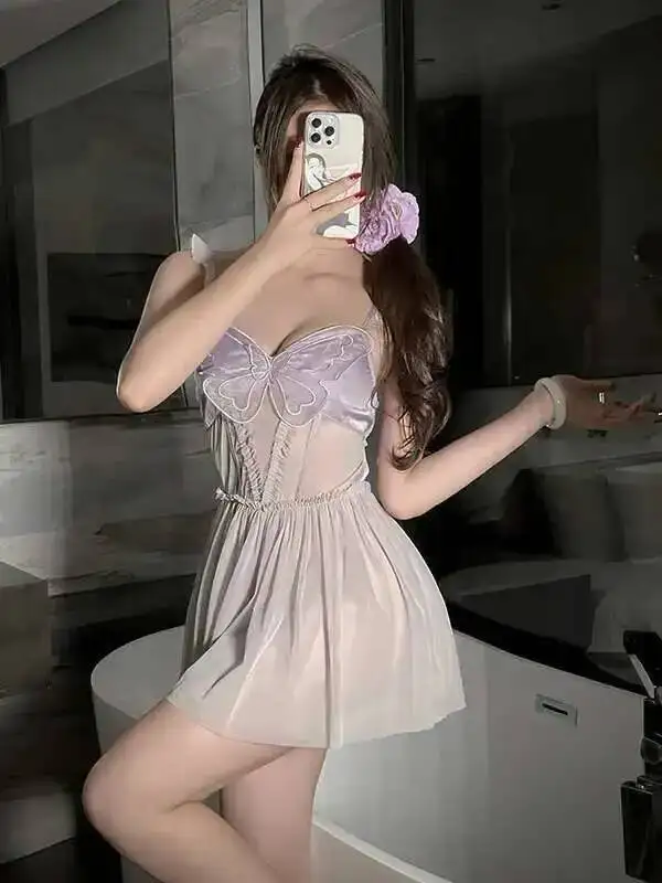 Nuovo puro desiderio cinturino sexy casa camicia da notte farfalla di pizzo sottile maglia trasparente abito corto senza schienale elegante abito dolce viola ZRK8