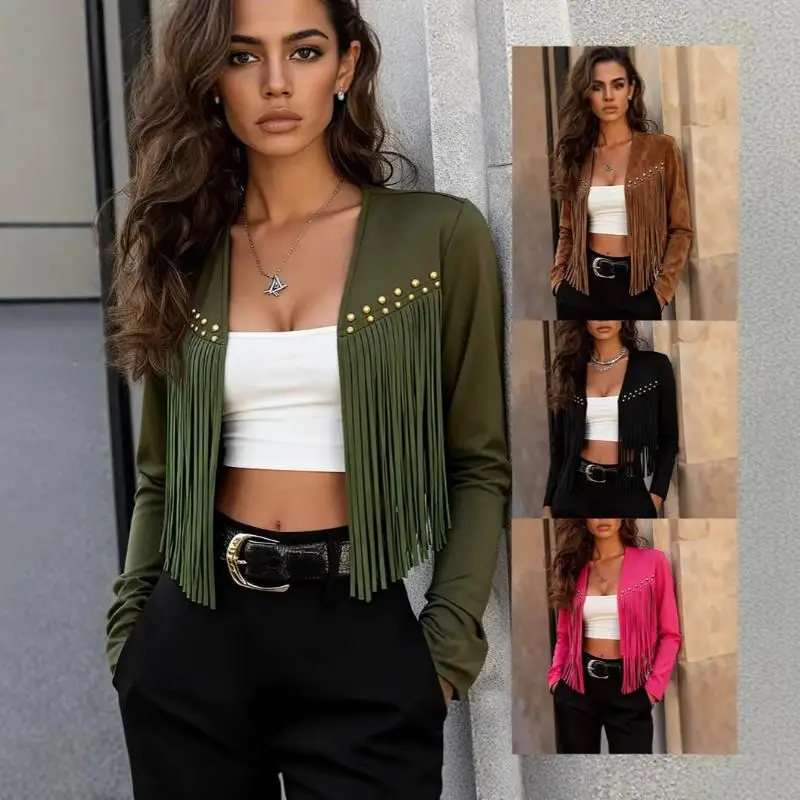 2026 Spring Autumn New Cross Border Women Wear Beautiful Tassel Edging Long Sleeved Jacket Tops Fashion Design Street Style Coat