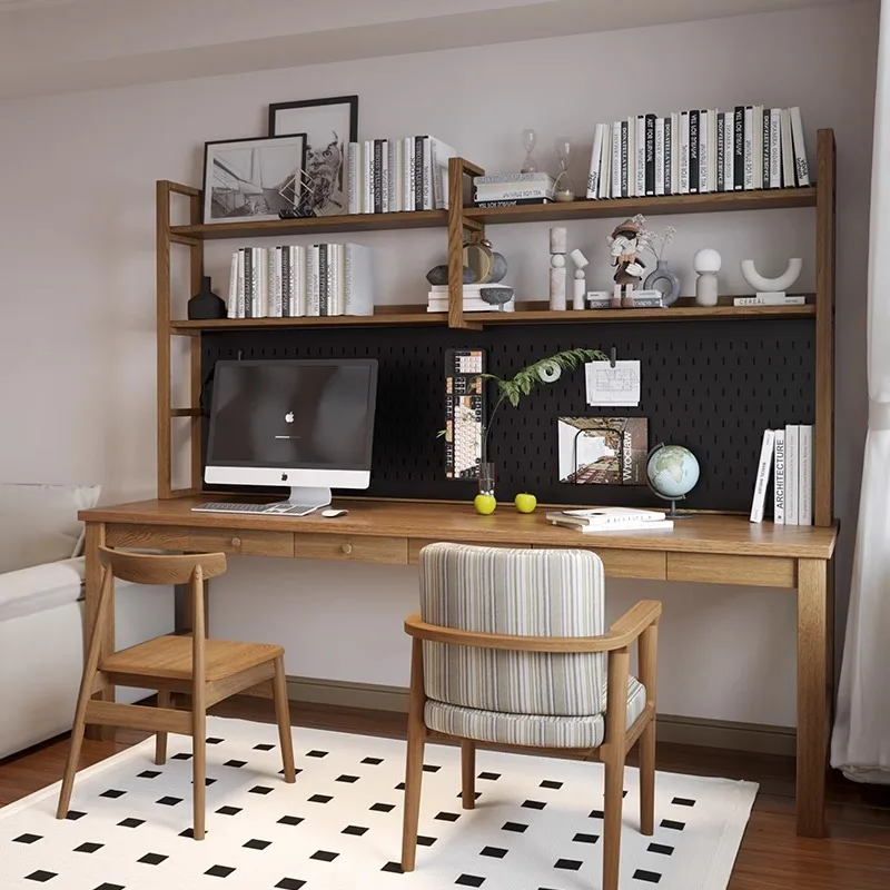 

Household solid wood wrought iron double desk bookshelf integrated study long table workbench computer with drawer