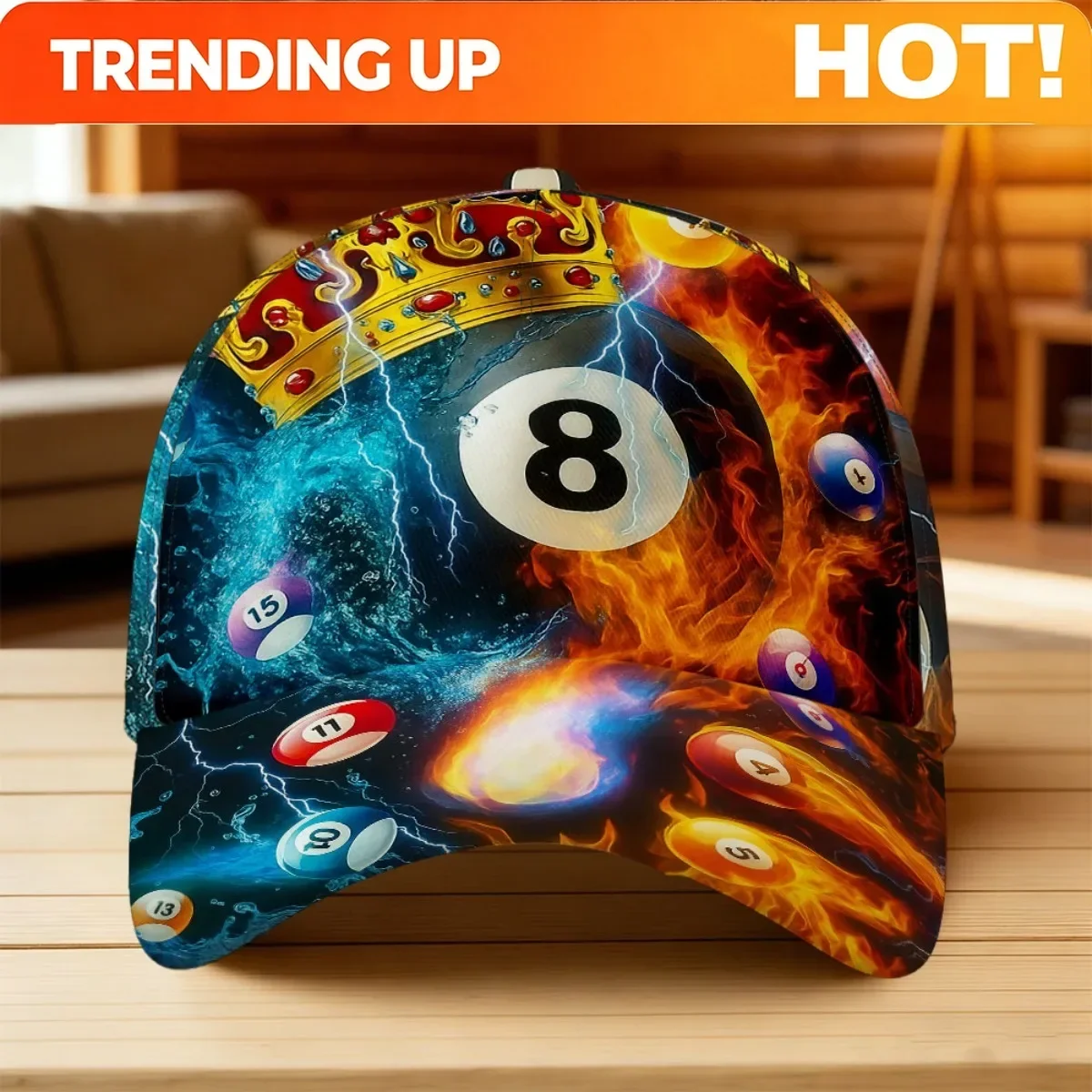 Customization Hats 1pc Retro Baseball Cap With Fire Water Crown Balls Print - Buckle Closure, Lightweight Breathable Suitable