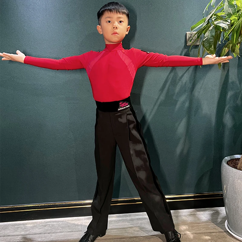 Kids Latin Dance Clothes Boys Red Long Sleeves Tops Black Competition Pants Cha Cha Ballroom Dance Training Dancewear DNV21108