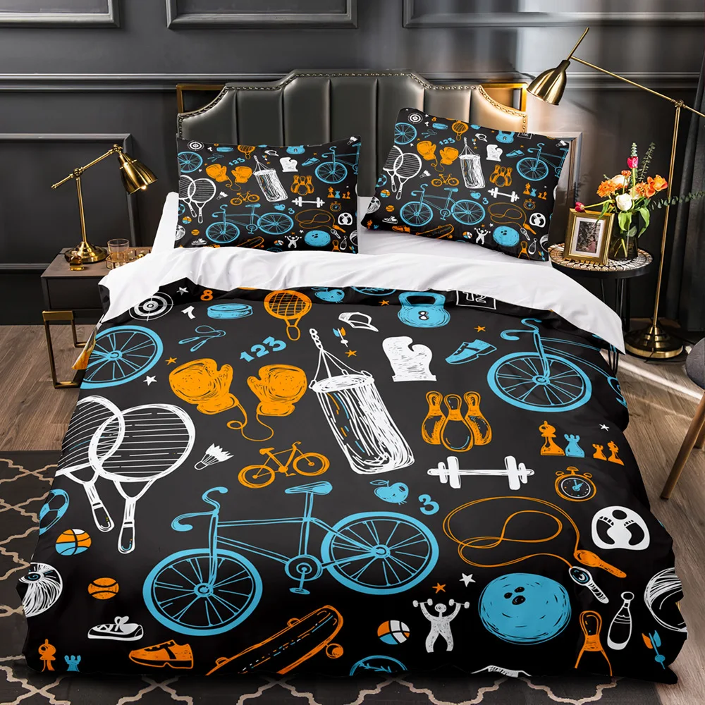 Sports Graffiti King Queen Duvet Cover Cartoon Bicycle Badminton Racket Bedding Set for Kids Black 2/3pcs Polyester Quilt Cover