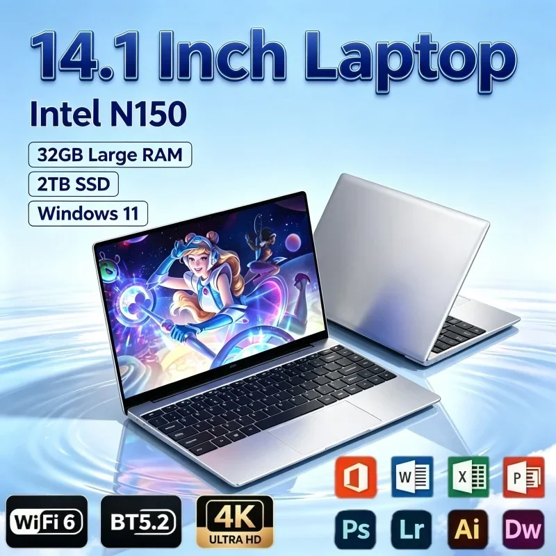 14.1 Inch Lightweight Laptop Intel N150 32GB RAM 2TB SSD Windows11 Notebook For Graphic Design Web Surfing Daily Entertainment