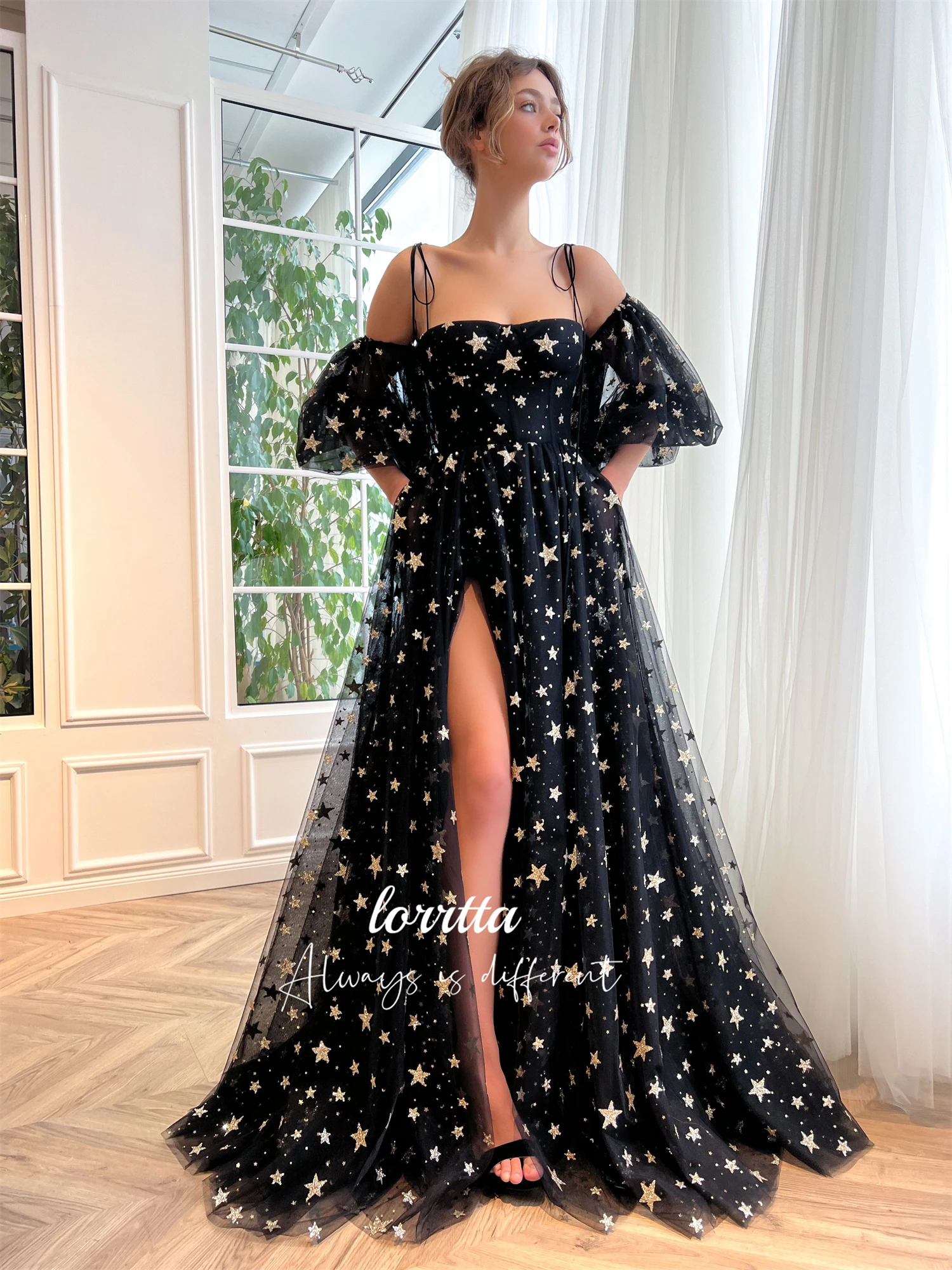 

Lorrtta Star Mesh Line A Party Dress Black Ball Gown Luxurious Turkish Evening Gowns Gala Elegant Dresses 2024 Luxury Women 2024