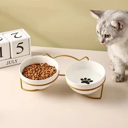 Cat Lift Double Bowl With Cat Litter Mat Round Metal Elevated Kitten Dog Ceramic Food Feeding Dish Drinker Water Pet Tools