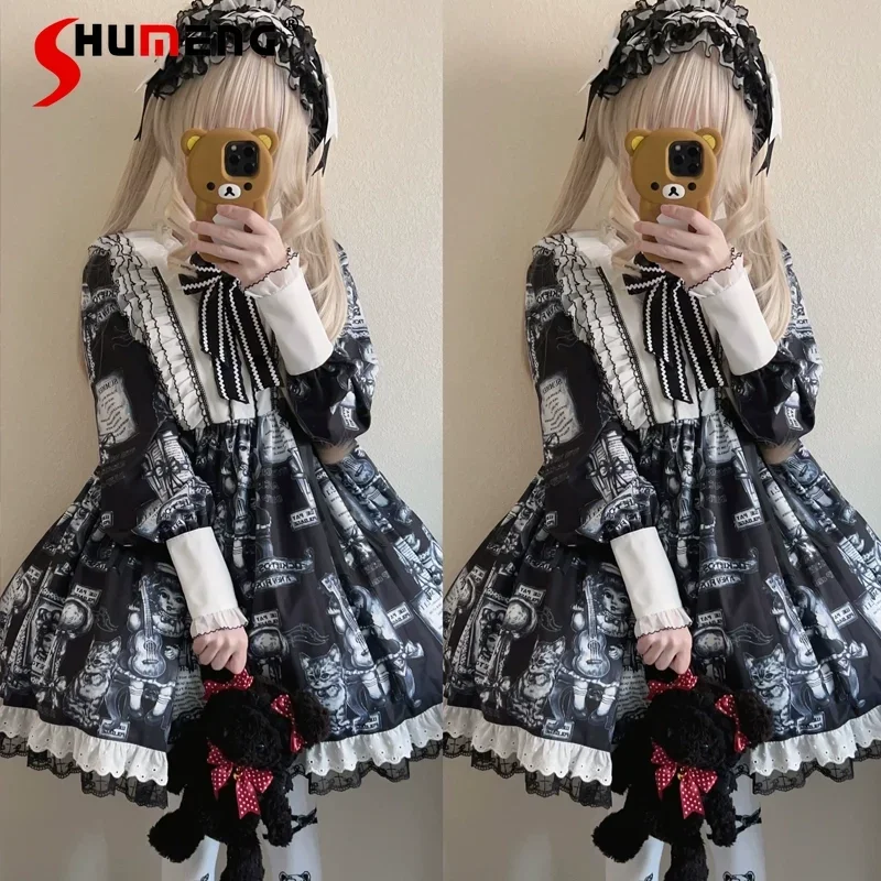 

Original Design Gothic Dark Lolita Long-sleeved Dress Women's High Waist Printed Bow Ruffle Edge Short Dress Spring and Autumn