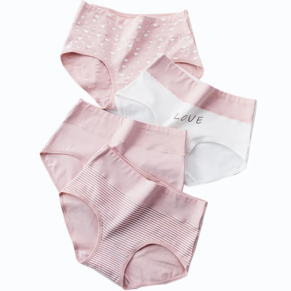 Plus Size Cotton Underwear Women\'s High Waist Belly Tight Cute Pink Printed Traceless Cotton Crotch Girls\' Triangle Shorts