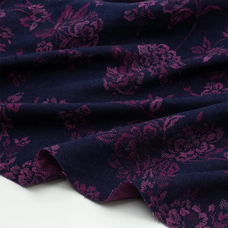 Good Vintage Purple Flower Customized High Density Embroidered Jacquard Denim Fabric Meter Sewing Material DIY Dress/Clothing/