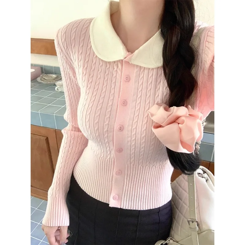 

Women's Elegant Peter Pan Collar Knitted Cardigan Autumn Winter Fashion Patchwork Slim Single Breasted Sweet Sweaters