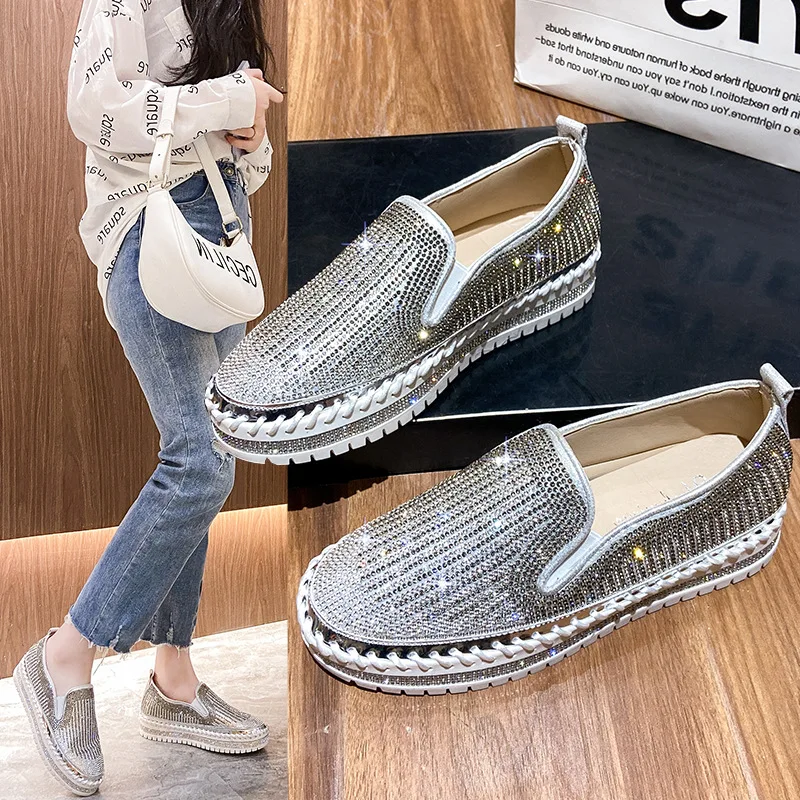 Bling Women Flat Loafers Woman Shinning Crystal Rhinestone Fisherman Shoes Female Autumn Platform Casual Shoe Slip on Mocassins