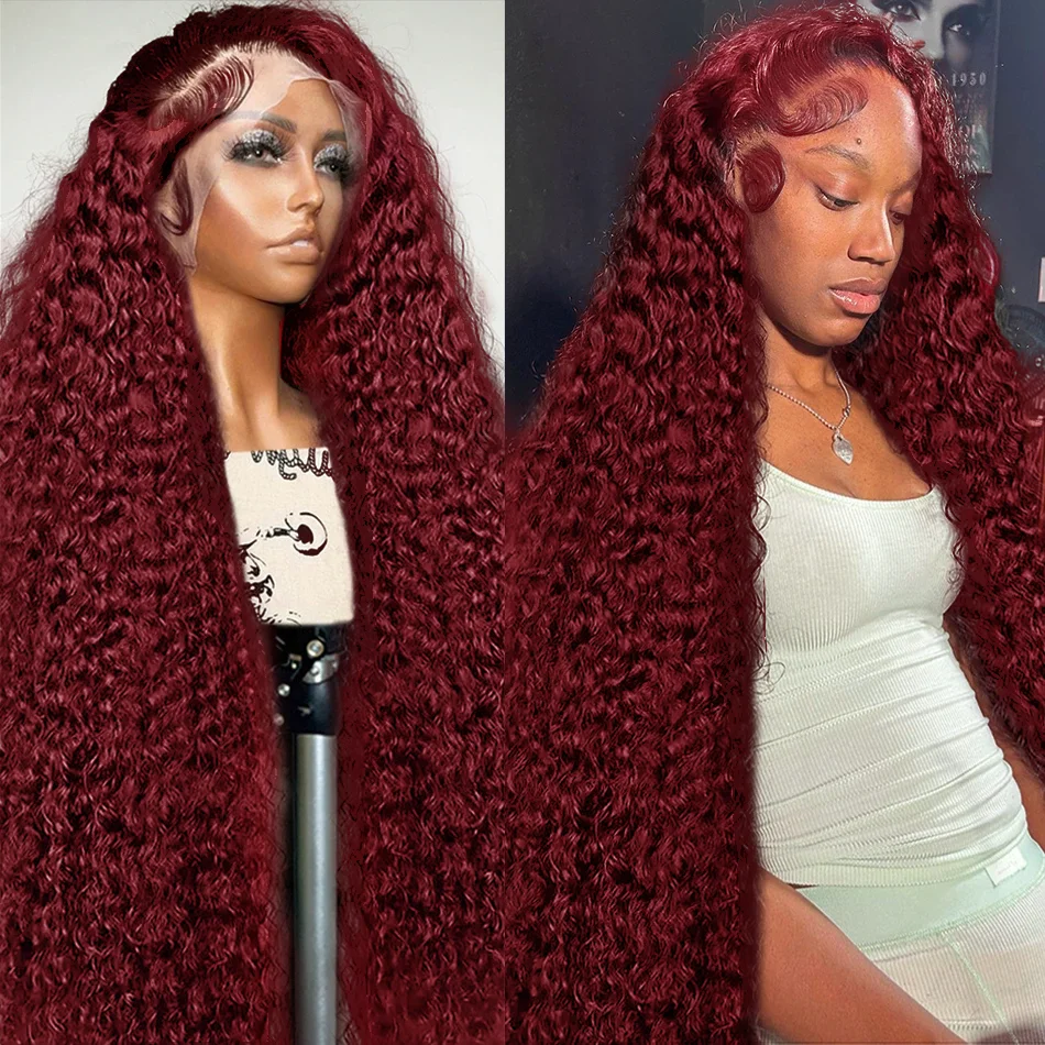 Borgonha onda profunda Lace Frontal Wig, HD transparente Lace Front peruca de cabelo humano, encaracolado vermelho peruca colorida, 13x4, 30 40 Polegada