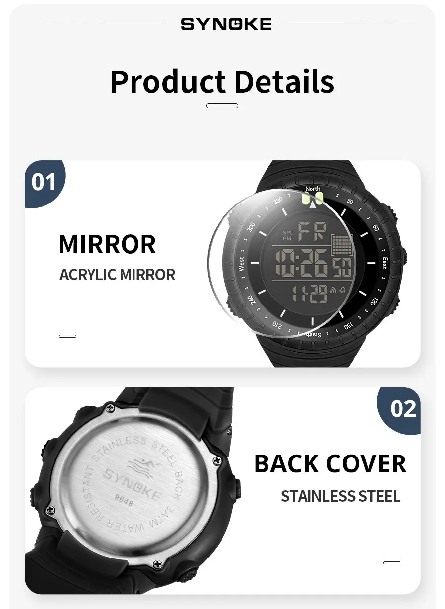 SYNOKE/Watch الرياضة في الهواء الطلق متعددة الوظائف مقاومة للماء والصدمات شاشة كبيرة عرض مضيئة LED ساعة رقمية للرجال