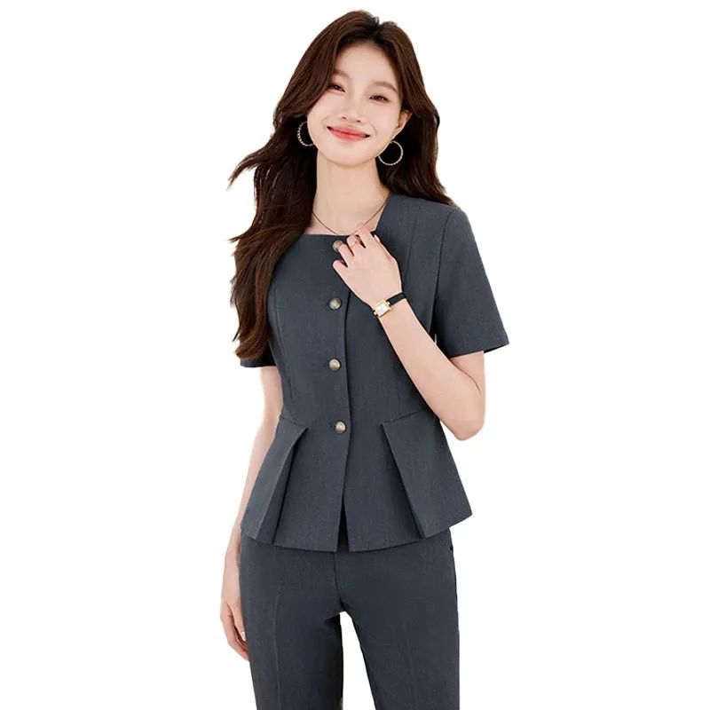 2025New Women's Short Sleeve Professional Suit with Pants Formal Workwear Summer Front Desk Workwear