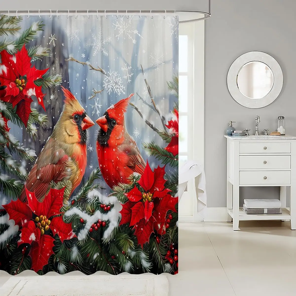 Cardinal Couple Shower Curtain Christmas Animal Poinsettia Bathroom Curtain Winter Snowflakes Pine Leaves Bathroom Accessories