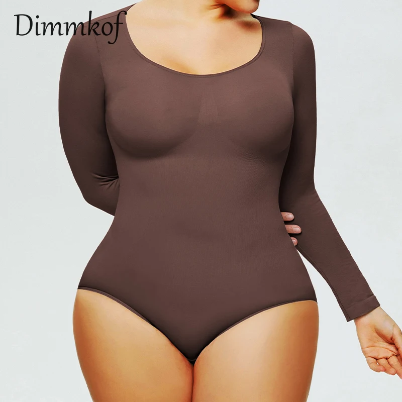 

Dimmkof Snap Button Sexy Thong Crew Neck Slimming Shapewears Tummy Control Butt Lifter Long Sleeves Bodysuit Women's Body Shaper