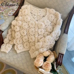 2022 Autumn and Winter New Mohair Sweater Coat Women's Handmade Three-Dimensional Rose Flower Heavy-Duty Knitted Cardigan