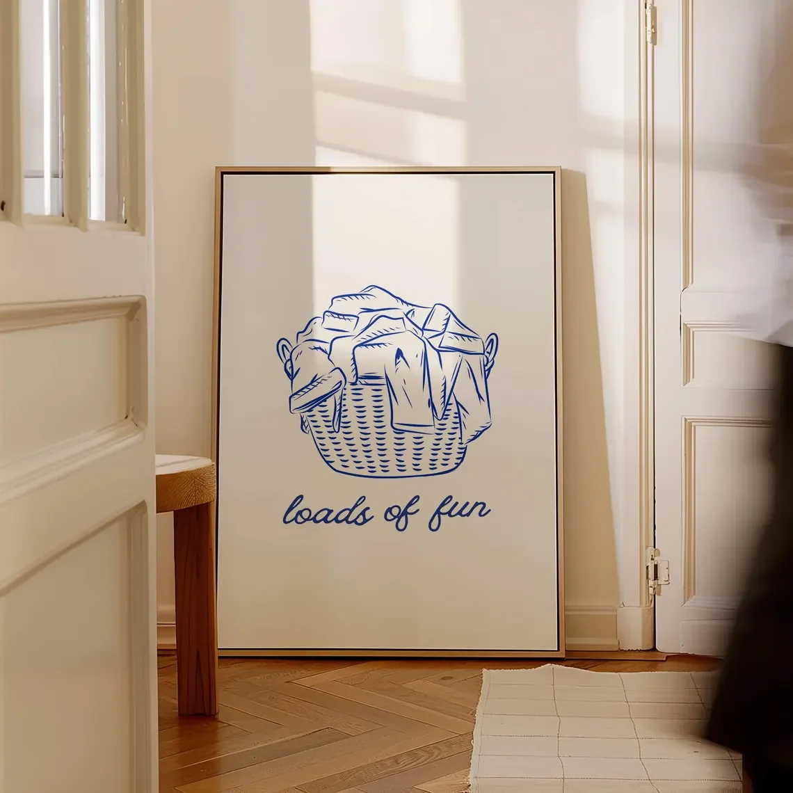 Cheerful Laundry Day Wall Art - Whimsical Line Drawing Print Celebrating the Humor of Household Chores. The delicate blue linewo view 6