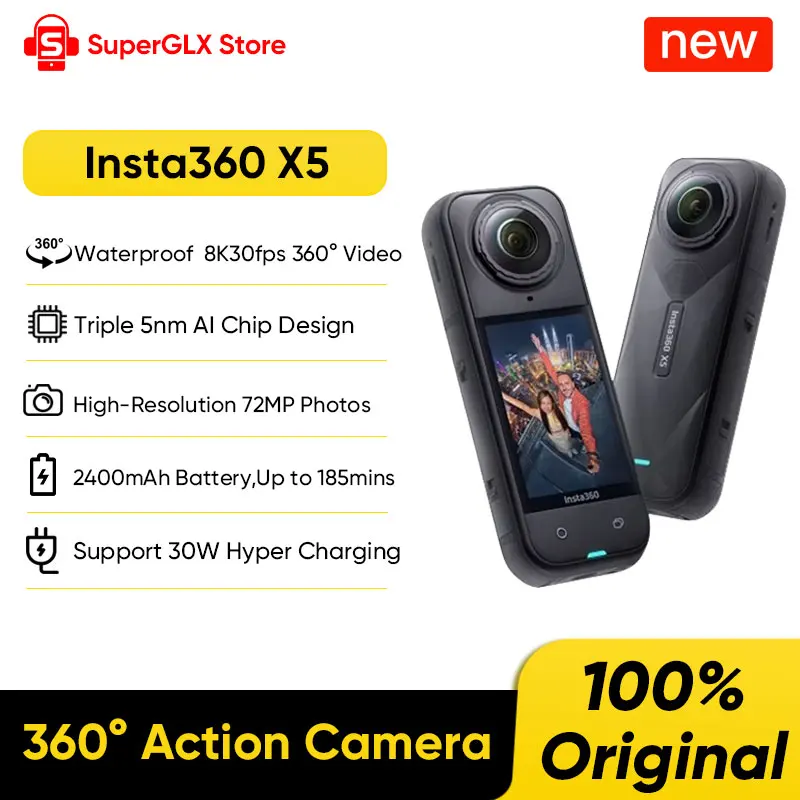 

Original New Insta360 X5 Waterproof 8K 360° Action Cam Lenses 8K30fps 360° Video X5 Action Camera Wind Guard 185mins Run Life