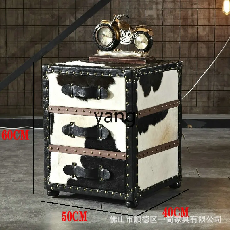LMM industrial style first layer cowhide retro bedside table cow fur box decorative cabinet