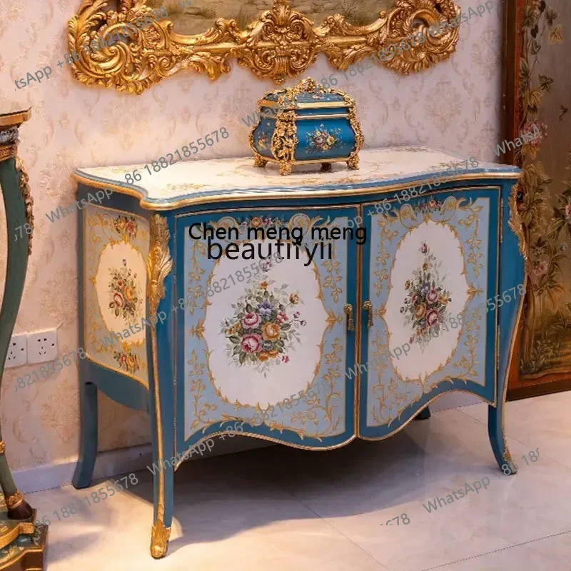 ss 8617  French Elegant Solid Wood Door Entrance Cabinet Hand Painting Floral Blue Curio Cabinet