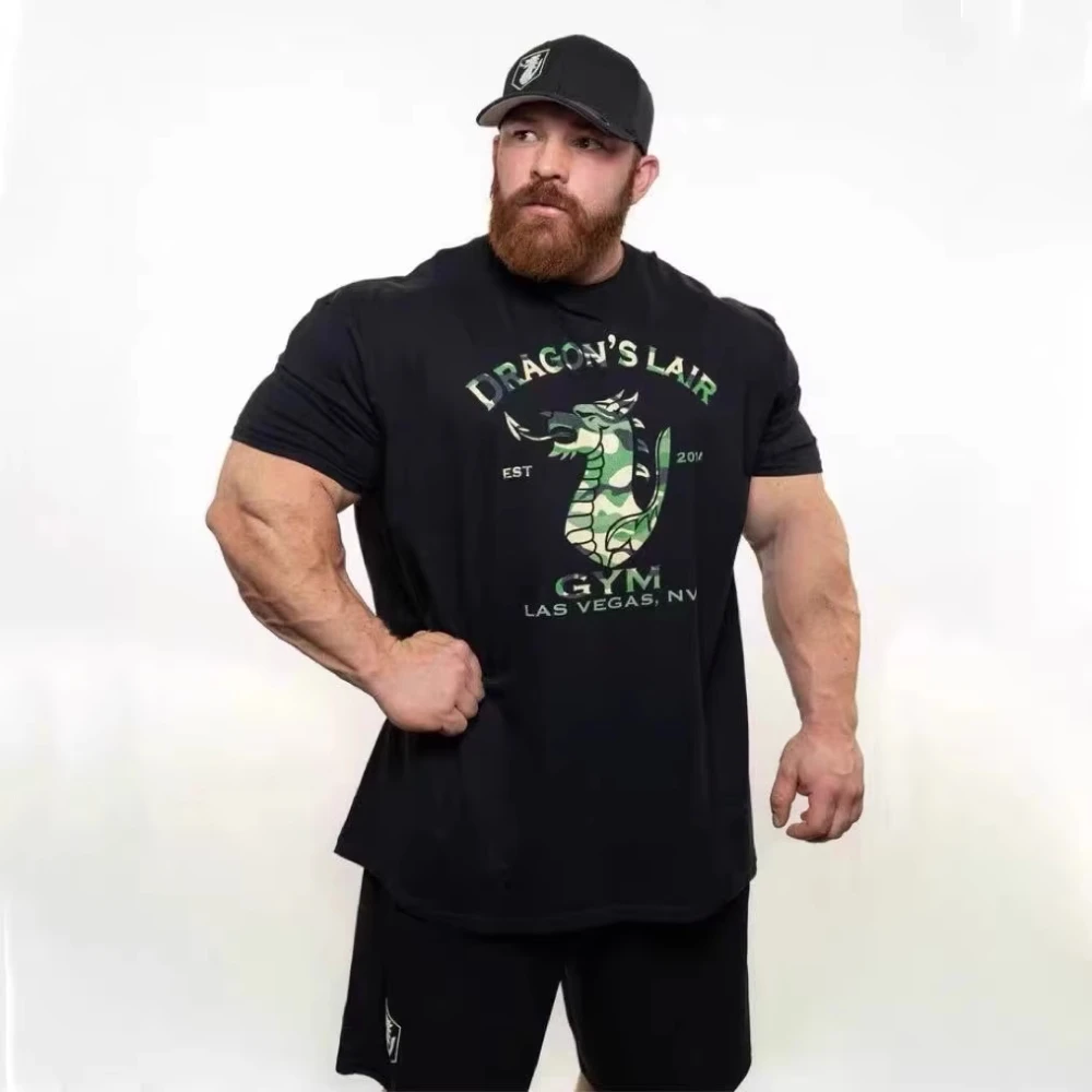 2026 Men Heavy Cotton T Shirt, Dragon Graphic Print Short Sleeve Tee, Bodybuilding Weightlifting Casual Workout Streetwear Top