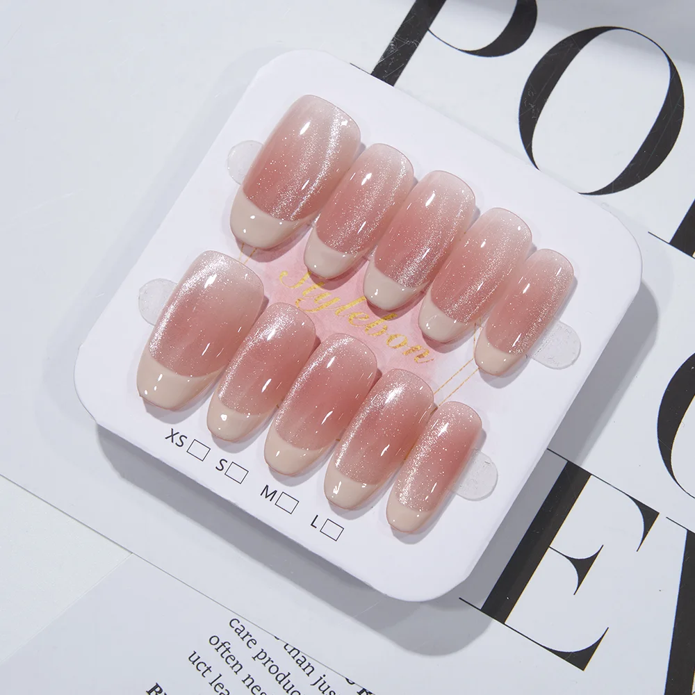 10개 수제 프레스온 네일 미디엄 오벌 핑크 엣지 프렌치 캣아이 플래시 풀커버 네일 피스 여성&소녀용 탈부착 네일