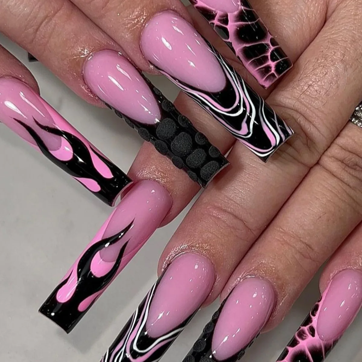 European and American black flame French long ballet manicure black and white line fake nails