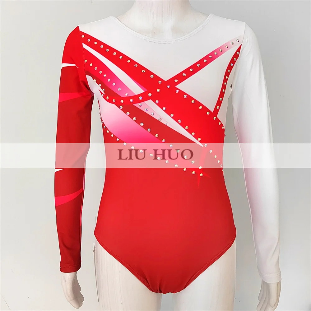 LIUHUO Rhythmic Gymnastics Leotard Aerobics Adult Women Girl Costume Performance Competition Dance Dress Red Teens Train Child