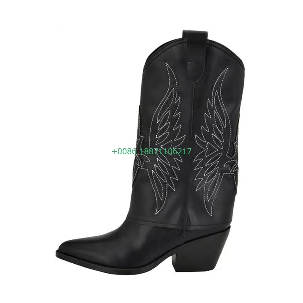 Vintage Women's Embroidered Western Boots 2024 Autumn Pointed Stitching Thick High Heel Short Boots Street Sports Casual Boots