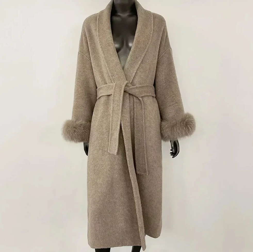 

Real Wool Coat Cashmere Coat Double-sided Woolen Jacket Women Removable Cuffs Fox Fur Jacket Winter Temperament Short and Long