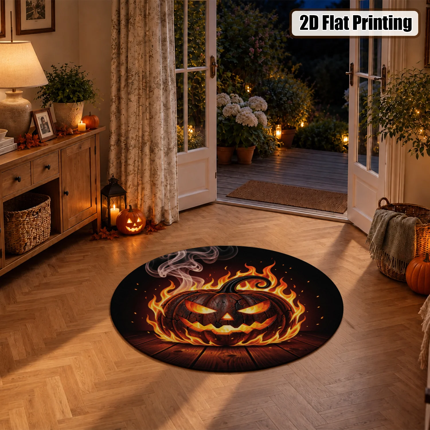 Flaming Jack-o-Lantern Round Velvet Rug, Machine Washable, Ideal for Living Room, Bedroom, Entryway, Dining Area, Perfect for Halloween, Thanksgiving, Black Friday, Cyber Monday, Christmas, New Year Decor