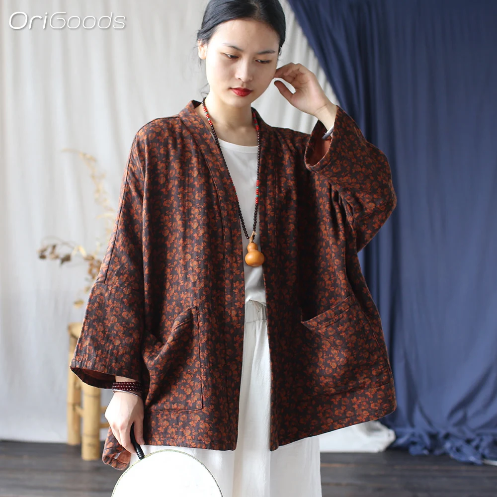 

OriGoods Oversized Kimono Women V-neck Batwing Sleeve Oversized Japanese Style Kimono Coat Cotton 2025 Spring Autumn Top X114