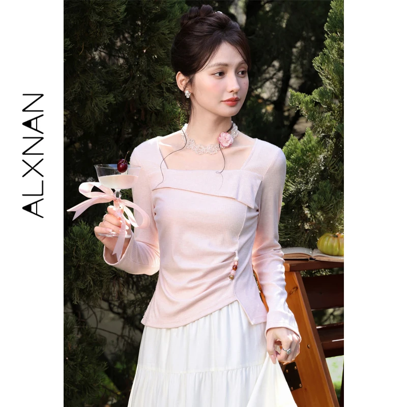 

ALXNAN Women's Pink T-shirt Square Neck Long Sleeve Tees Spring Waist Beaded Ruffled Design Elegant Casual Tops Female L61812