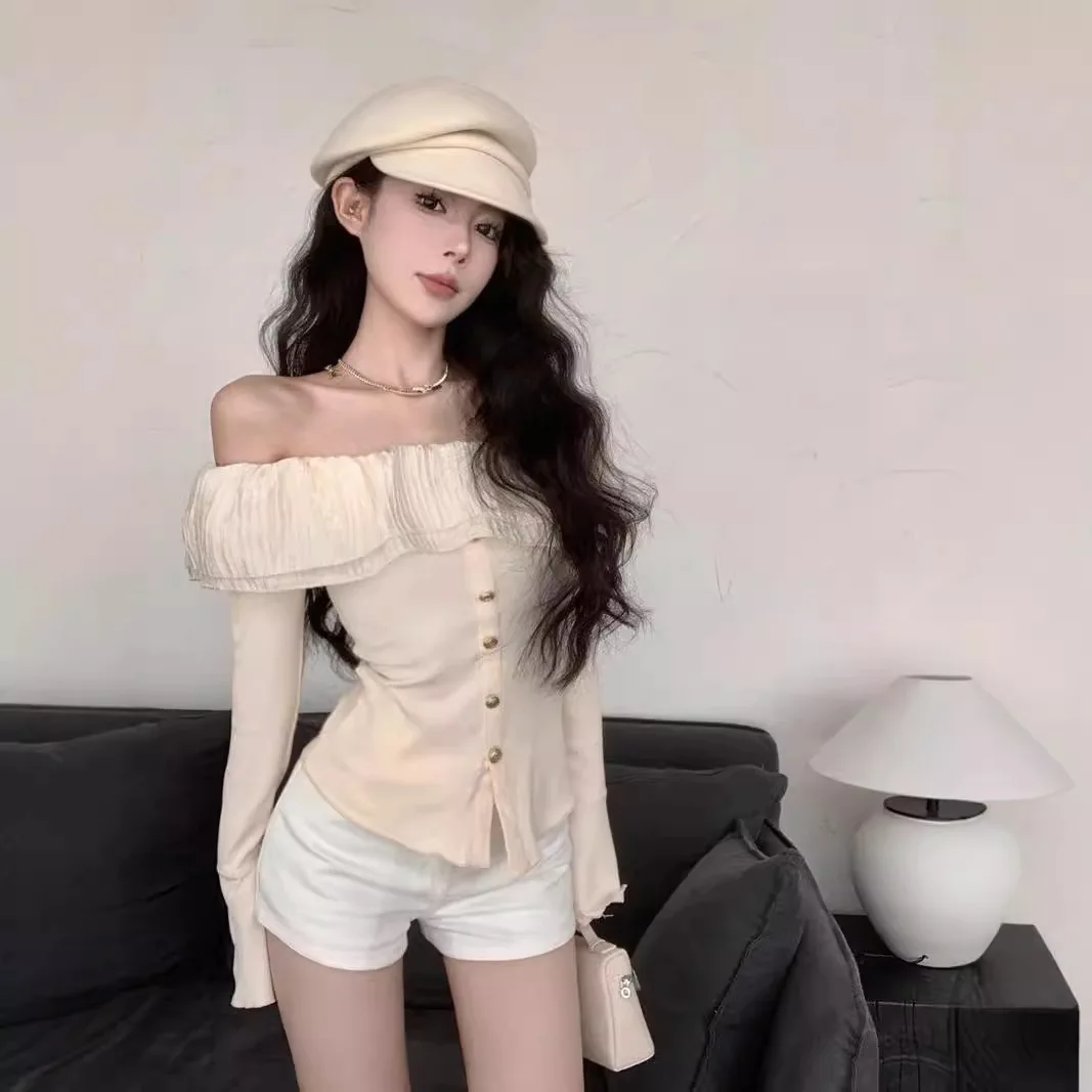 Women T-shirt Causal Top Autumn French Style Off Shoulder Black T Shirt Ruffled Flared Sleeves Slimming Design Forward Short Top