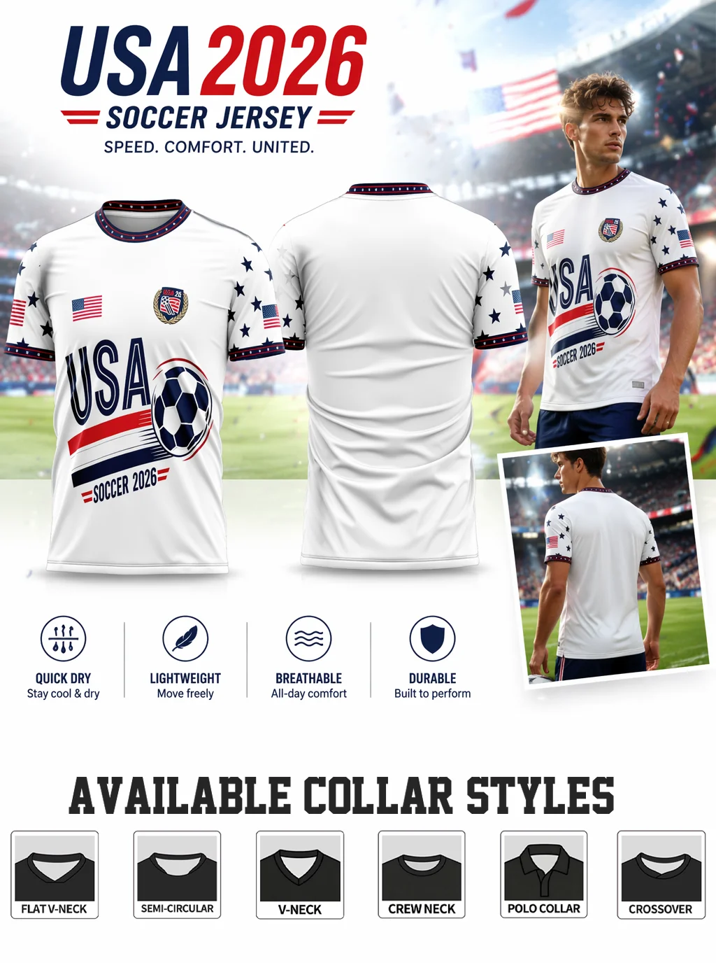 USA themed football jersey, USA letter & dynamic stripe, chest badge and mini flag, sweat‑wicking comfy fabric