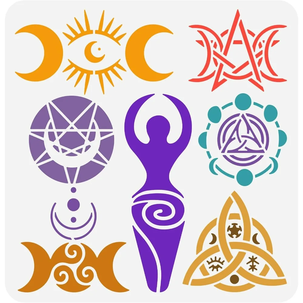 Wiccan Witch Symbols Drawing Stencil 11.8x11.8inch Reusable Spiral Goddess Painting Template DIY Craft Viking Celtic Knot