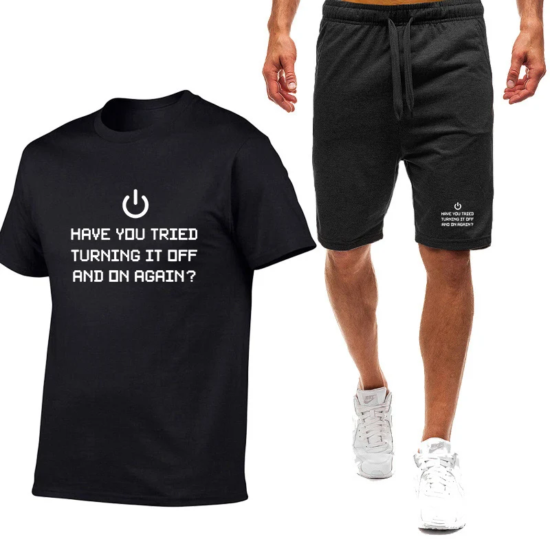 

2025 Summer Men's Have You Tried Turning It Off And On Again Logo Print Hygroscopic Perspiration T-shirt Pants Sports Suits