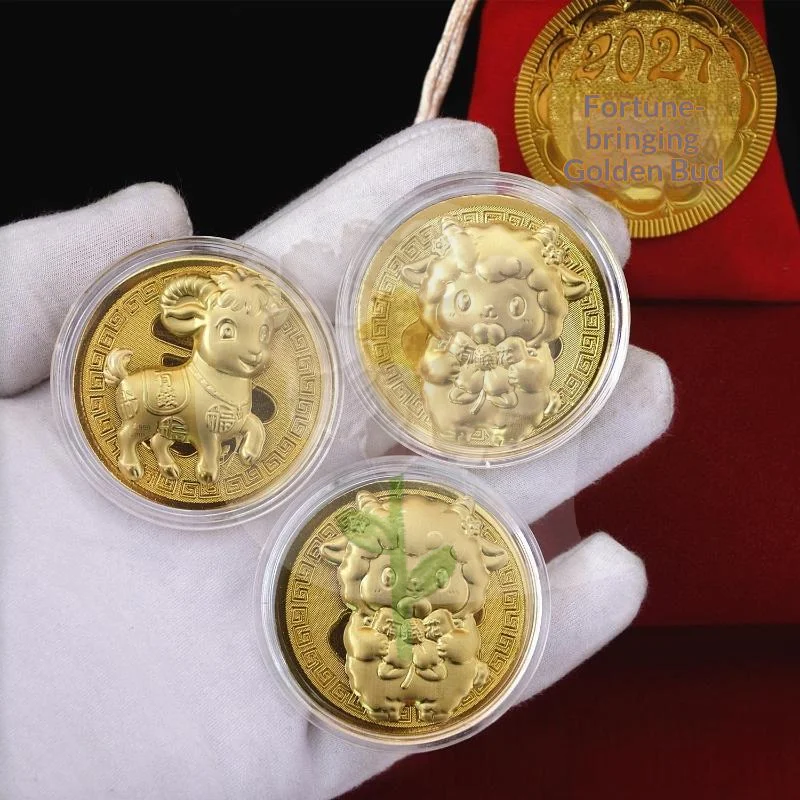 2027 Lunar Goat Year Commemorative Medal Imitation Gold Plated Foil Souvenir Coin for Collectors Home Ornament