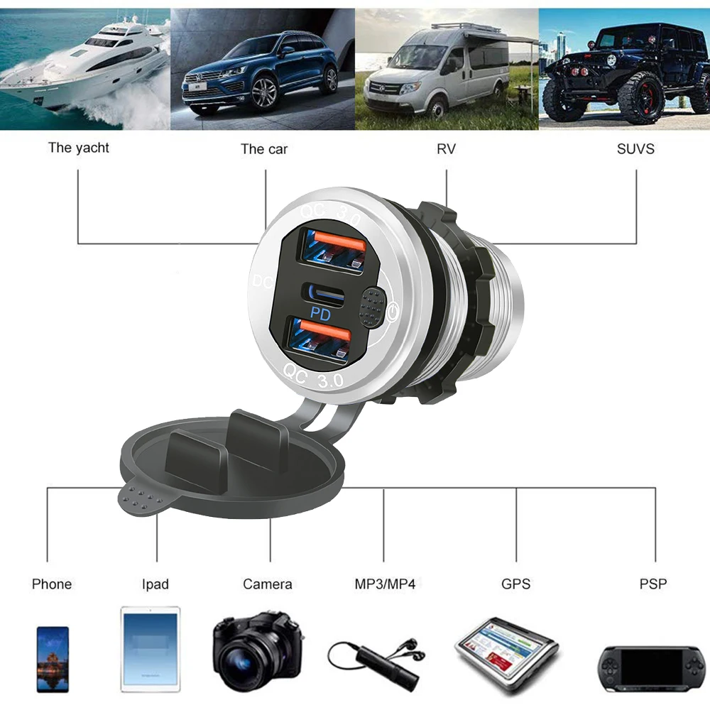 12V/24V USB Typ-C Mehrere Autoladebuchse PD3.0 & QC3.0 Ports Wasserdicht mit Touch-Schalter Schnelllade-Auto-Moto-Adapter – Detail 13