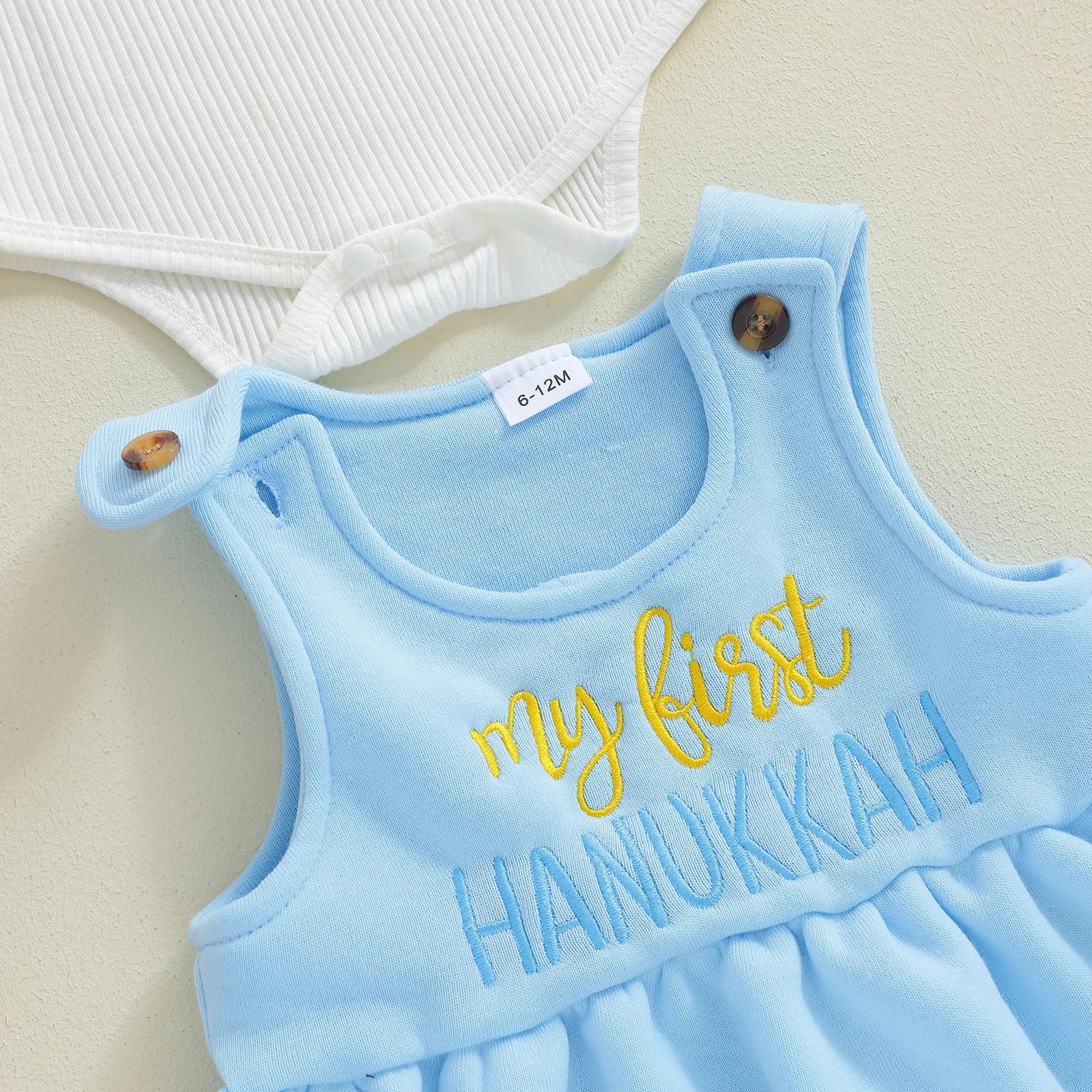 

Baby Girl Hanukkah Outfits Ribbed Solid Long Sleeve Romper Letter Candlestick Embroidery A Line Dress 2 Pcs Set