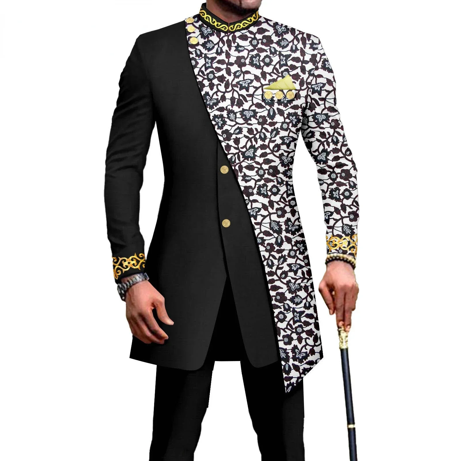 African Suits for Men Embroidery Print Blazer and Pants Set Business Dress Suit with Kerchief Party Wedding Evening A2316023