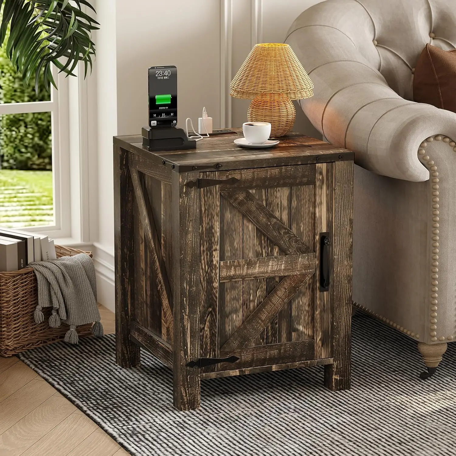 Farmhouse Bedside Table with USB Charging Station, 18'' Light Brown Wooden Bedside Table, Adjustable Two-Tier Shelf, Sliding Barn Door, Modern Bedroom End Table
