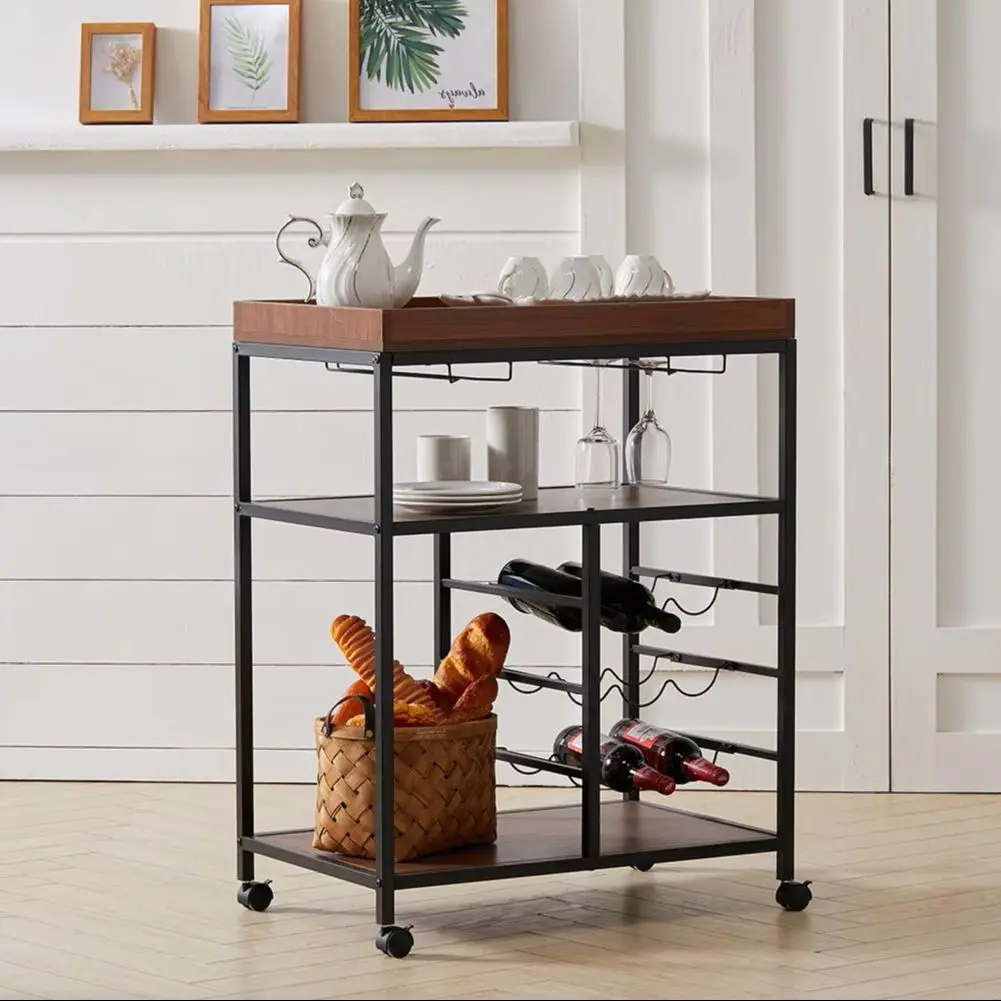 3 Tier Kitchen Trolley with Tea Tray Wood Storage Shelf and Wine Rack, Brown