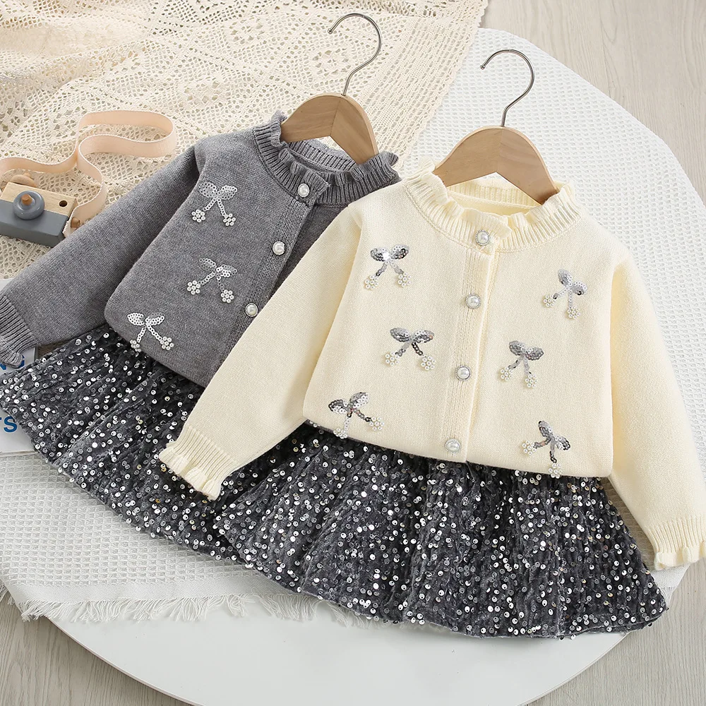 

Two-Piece Set Sparkling Diamond Fashionable Cardigan Sequin Skirt Grils Children Korean Casual Spring Autumn New