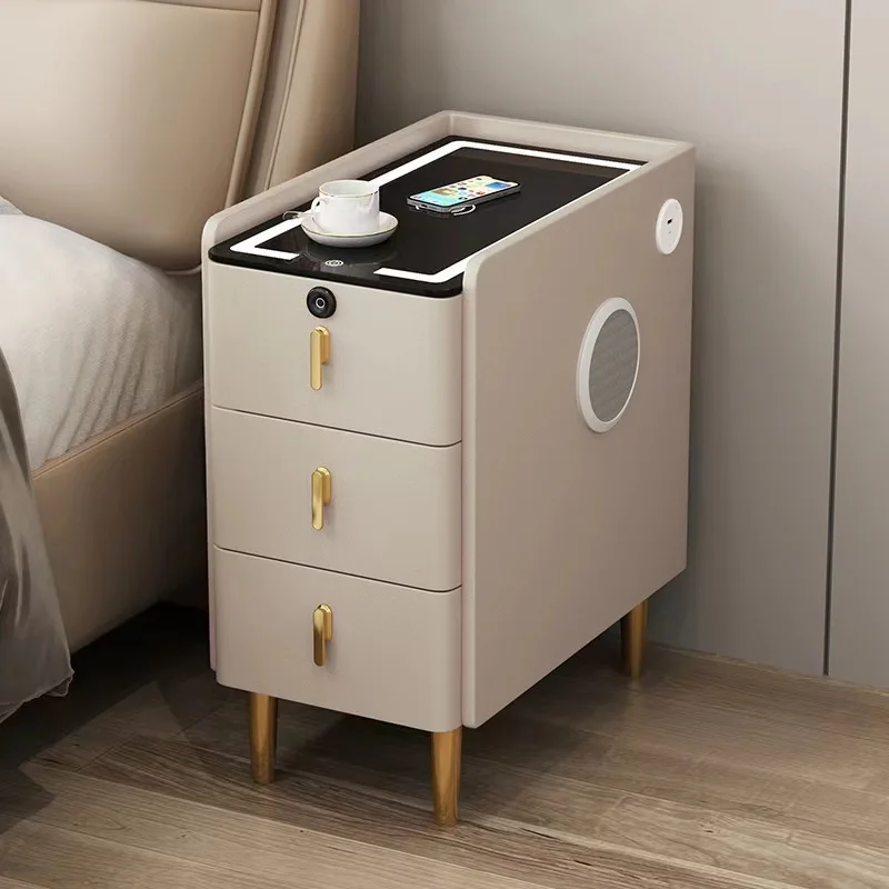 Nordic Style Intelligent Solid Wood Bedside Table Faux Leather 3 Drawers Nightstands with Wireless Charging Side Storage Cabinet